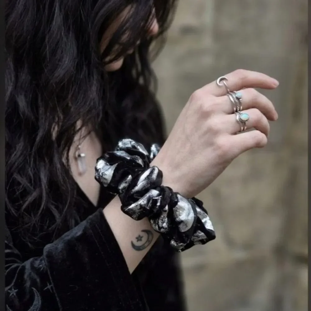 Black Velvet Moon Phases Scrunchie - Goth Witchy XL Hair Accessory